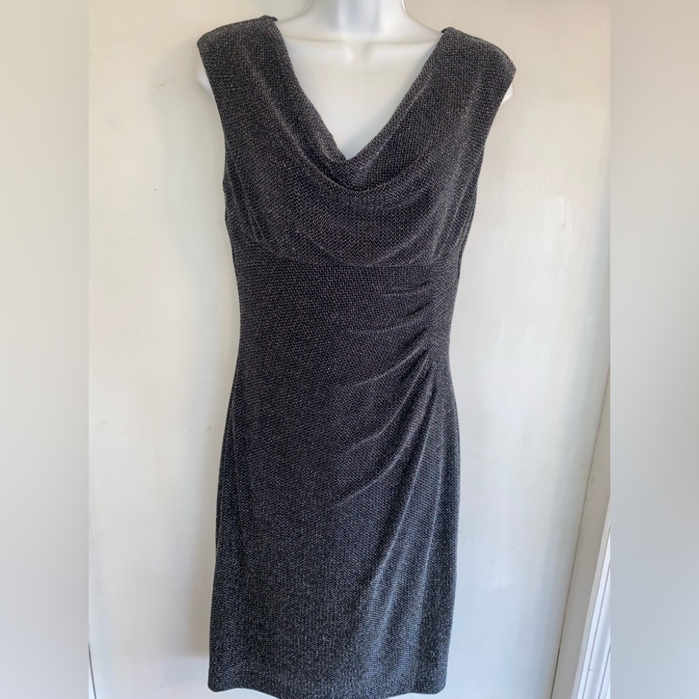 LAUREN Ralph Lauren 6 Black Faux Wrap Dress Silver Metallic Threads Slimming EUC